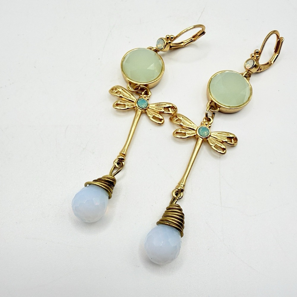 Dragonfly Dangle Gold Tone Earrings w/ Green and Opalite Rhinestones Fairycore